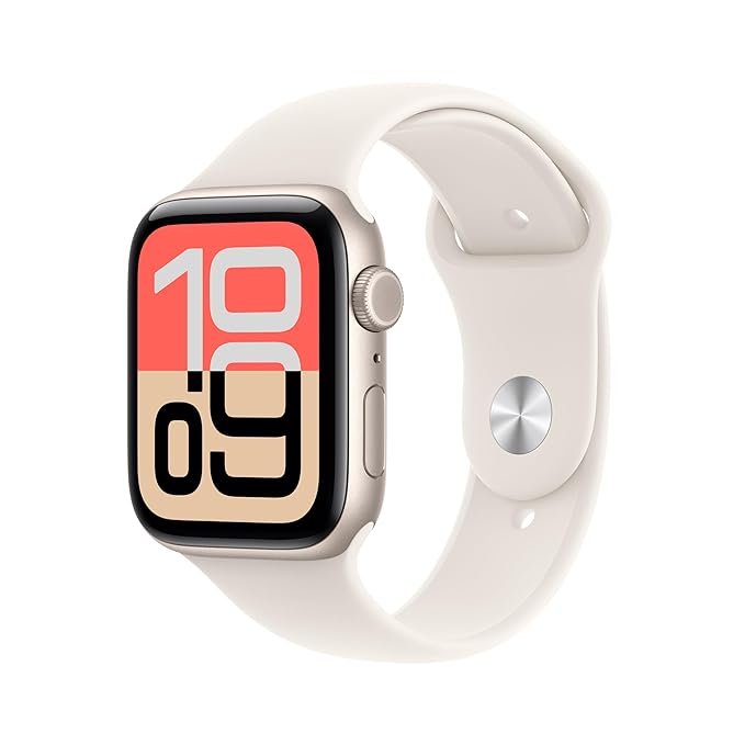 Black smartwatch with silicone strap displaying a modern digital watch face on a white background.