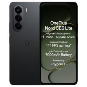 OnePlus Nord CE6 Lite 5G Vivid Mint smartphone with 6GB RAM, 128GB storage, Dimensity 7400 Apex processor, 7000mAh battery, 144Hz display, and 50MP camera.