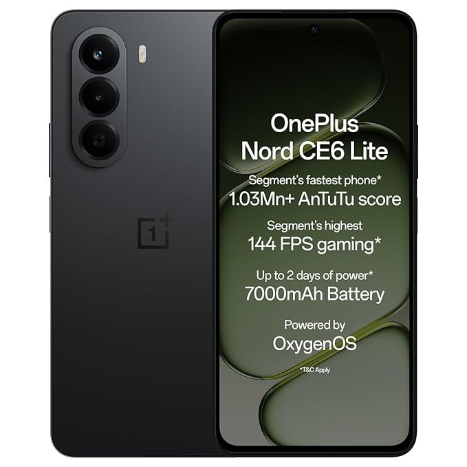 OnePlus Nord CE6 Lite 5G Vivid Mint smartphone with 6GB RAM, 128GB storage, Dimensity 7400 Apex processor, 7000mAh battery, 144Hz display, and 50MP camera.