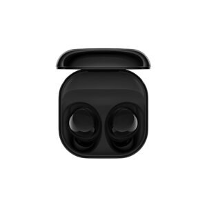 White wireless Bluetooth earbuds in an open charging case