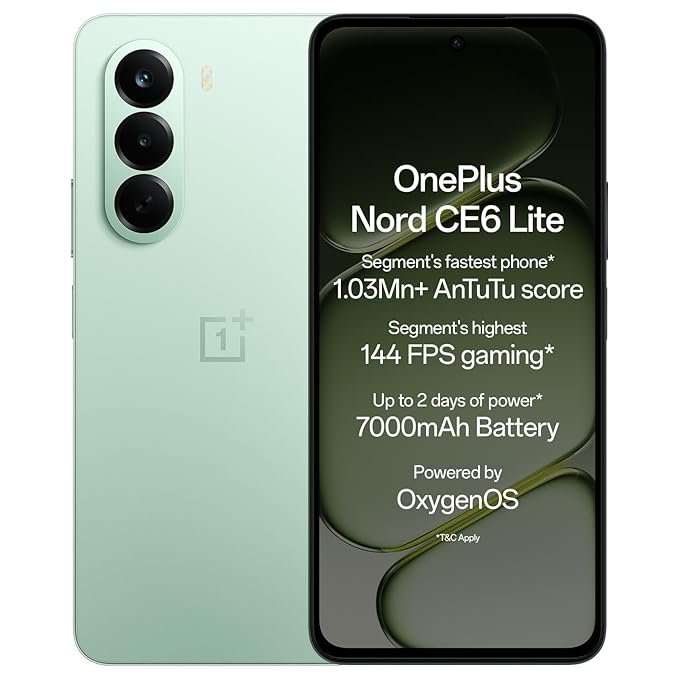 OnePlus Nord CE6 Lite 5G Vivid Mint smartphone with 6GB RAM, 128GB storage, Dimensity 7400 Apex processor, 7000mAh battery, 144Hz display, and 50MP camera.