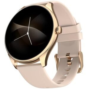 Black Round Smartwatch with Silicone Strap and Analog Style Display