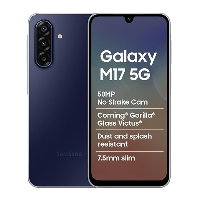 Samsung Galaxy M17 5G smartphone in Blue with 50MP No Shake Camera, Gorilla Glass Victus protection, slim design, and dust & splash resistance.