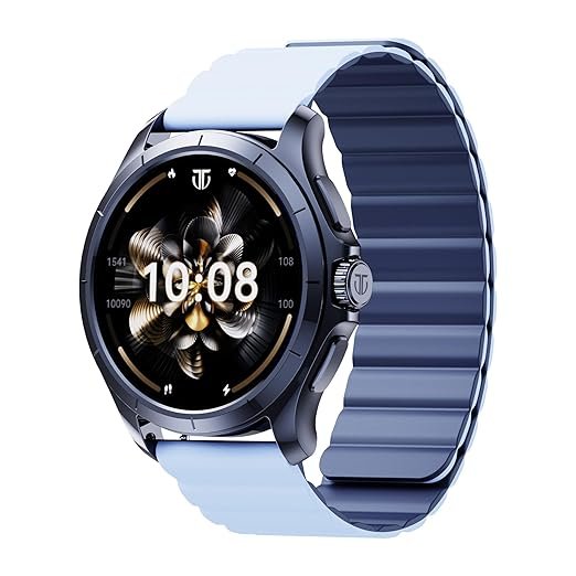 Black smartwatch with silicone strap displaying a modern digital watch face on a white background.