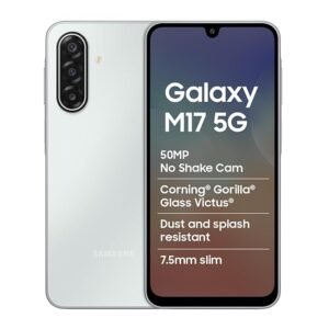 Samsung Galaxy M17 5G smartphone in Blue with 50MP No Shake Camera, Gorilla Glass Victus protection, slim design, and dust & splash resistance.