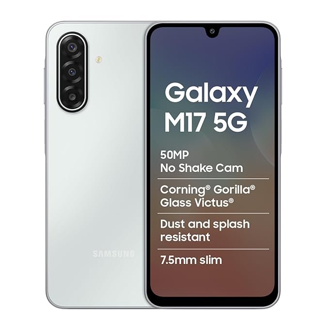 Samsung Galaxy M17 5G smartphone in Blue with 50MP No Shake Camera, Gorilla Glass Victus protection, slim design, and dust & splash resistance.
