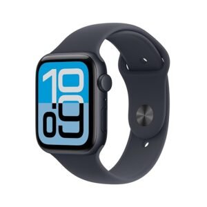 Black smartwatch with silicone strap displaying a modern digital watch face on a white background.