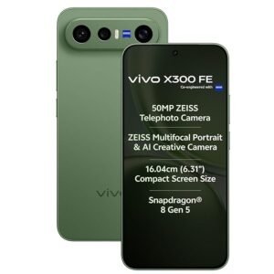 vivo X300 FE smartphone with 50MP ZEISS Telephoto Camera, Snapdragon 8 Gen 5 processor, and 6.31-inch compact display in Light Purple.
