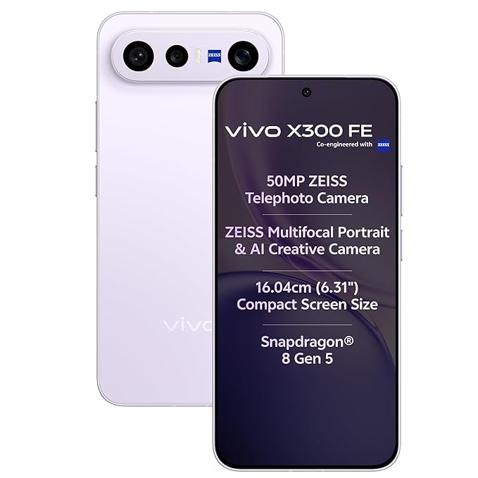 vivo X300 FE smartphone with 50MP ZEISS Telephoto Camera, Snapdragon 8 Gen 5 processor, and 6.31-inch compact display in Light Purple.
