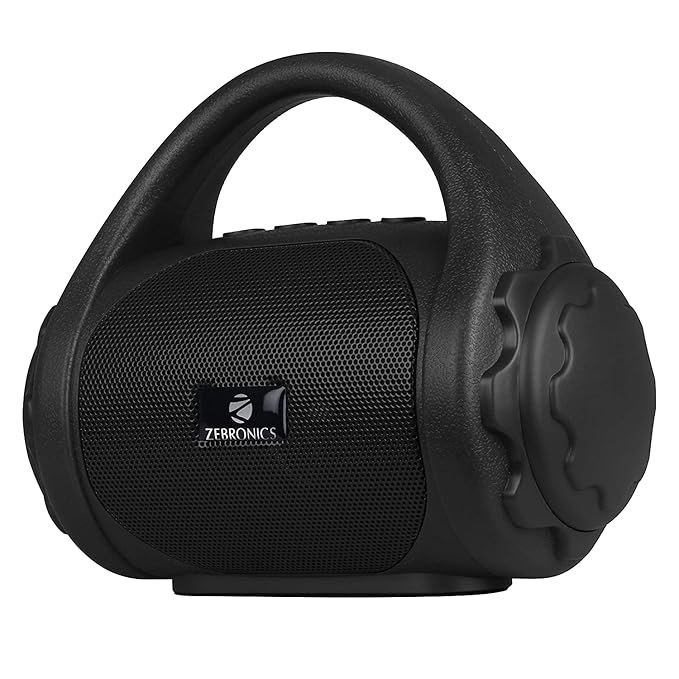 Zebronics portable Bluetooth speaker with built-in handle and powerful wireless sound in black color