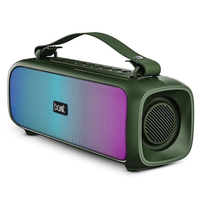boAt portable Bluetooth speaker with RGB LED lights, green body and carry strap
