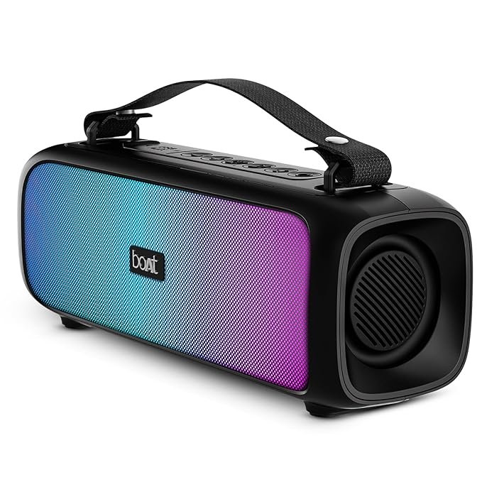 boAt portable Bluetooth speaker with RGB LED lights, green body and carry strap